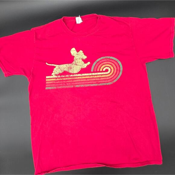 Port & Company Red Dachshund Rainbow Graphic T-Shirt Size L Cotton - Picture 1 of 16